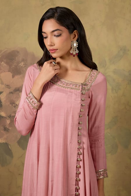 House Of TA-YA_Pink Muslin Beads Asymmetric Anarkali And Chudidaar Set _Online_at_Aza_Fashions