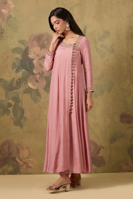 Shop_House Of TA-YA_Pink Muslin Beads Asymmetric Anarkali And Chudidaar Set _Online_at_Aza_Fashions