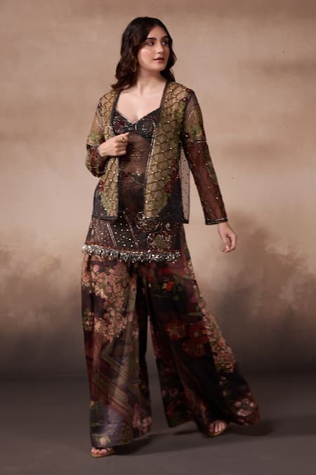 Shop_Falsa_Brown Tulle, Silk Organza Beads Round Neck, Open Embroidered Tunic And Jacket Set _Online_at_Aza_Fashions