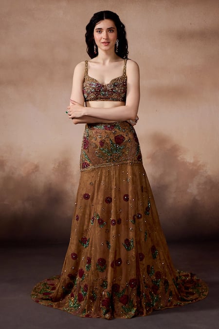 Falsa_Brown Tulle, Organza Embroidery Sweetheart Neck Lehenga Set _at_Aza_Fashions