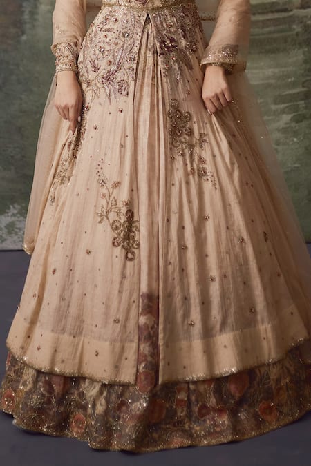 Shop_Falsa_Pink Cotton, Silk, Tissue Embroidery, Sequins Square Neck Anarkali And Lehenga Set _Online_at_Aza_Fashions