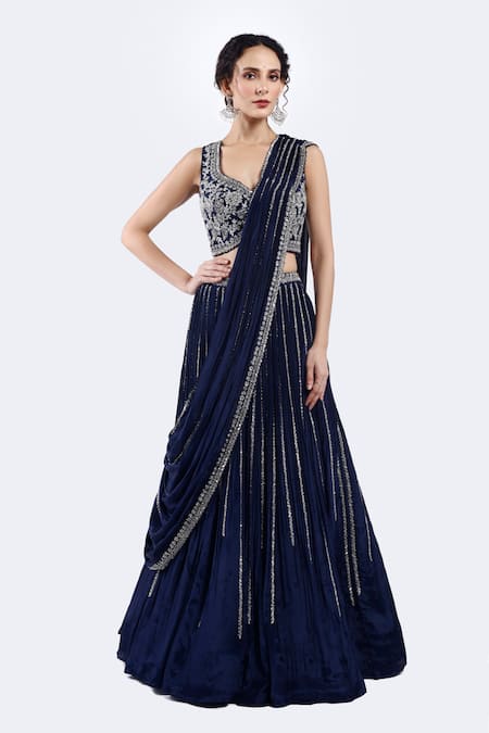 Onaya Navy Crepe Sequins, Cut Work Pre-draped Lehenga Saree And Embellished Blouse Set