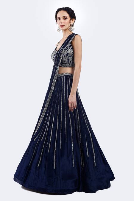 Buy Onaya Navy Crepe Sequins, Cut Work Pre-draped Lehenga Saree And Embellished Blouse Set Online at Aza Fashions Buy_Onaya_Navy Crepe Sequins, Cut Work Pre-draped Lehenga Saree And Embellished Blouse Set _Online_at_Aza_Fashions