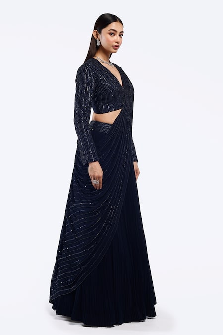 Onaya Navy Crepe Sequins, Cut Work Pre-draped Lehenga Saree And Embellished Blouse Set Online at Aza Fashions Onaya_Navy Crepe Sequins, Cut Work Pre-draped Lehenga Saree And Embellished Blouse Set _Online_at_Aza_Fashions