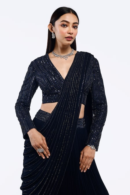 Shop Onaya Navy Crepe Sequins, Cut Work Pre-draped Lehenga Saree And Embellished Blouse Set Online at Aza Fashions Shop_Onaya_Navy Crepe Sequins, Cut Work Pre-draped Lehenga Saree And Embellished Blouse Set _Online_at_Aza_Fashions