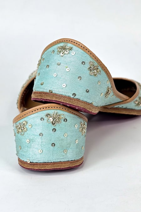 Pixie Pearlz_Turquoise Zehra Handcrafted Silk Juttis _Online_at_Aza_Fashions