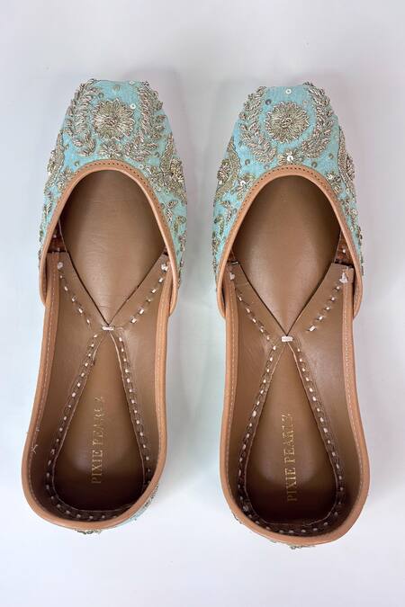 Buy_Pixie Pearlz_Turquoise Zehra Handcrafted Silk Juttis _Online_at_Aza_Fashions