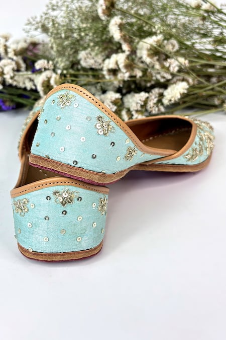 Shop_Pixie Pearlz_Turquoise Zehra Handcrafted Silk Juttis _Online_at_Aza_Fashions