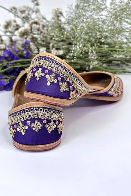 Pixie Pearlz Purple Midnight Bloom Hand Embroidered Silk Jutti Online at Aza Fashions Pixie Pearlz_Purple Midnight Bloom Hand Embroidered Silk Jutti _Online_at_Aza_Fashions