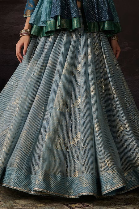 Swatti Kapoor_Blue Silk Organza Embroidery Farah Hand Block Printed Skirt _Online_at_Aza_Fashions