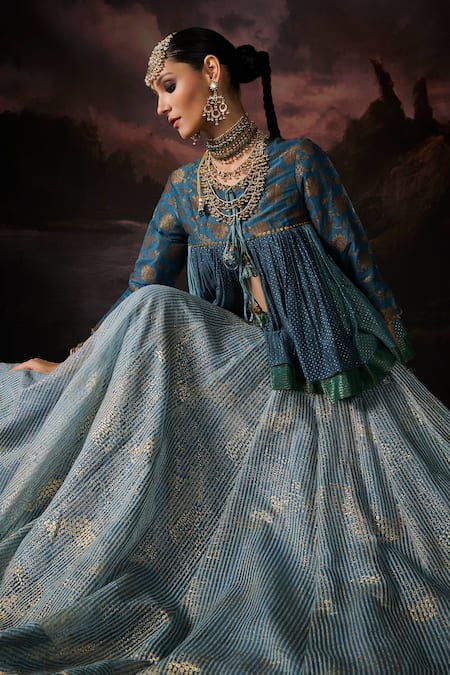 Buy_Swatti Kapoor_Blue Embroidery, Zari Round Neck Farah Floral Woven Peplum Top And Skirt Set _Online_at_Aza_Fashions