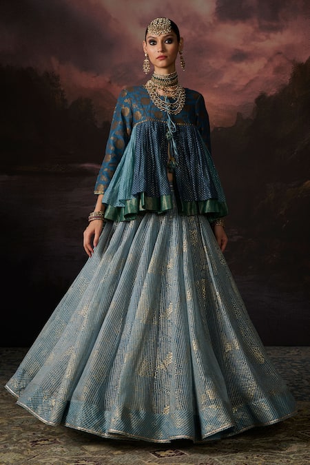 Swatti Kapoor Blue Embroidery, Zari Round Neck Farah Floral Woven Peplum Top And Skirt Set