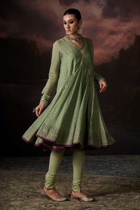 Swatti Kapoor_Green Cotton, Lycra Naaz Polka Dot Woven Churidar _Online_at_Aza_Fashions