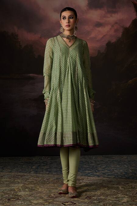 Buy_Swatti Kapoor_Green Cotton, Lycra Naaz Polka Dot Woven Churidar _Online_at_Aza_Fashions