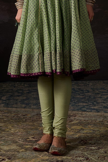 Shop_Swatti Kapoor_Green Cotton, Lycra Naaz Polka Dot Woven Churidar _Online_at_Aza_Fashions