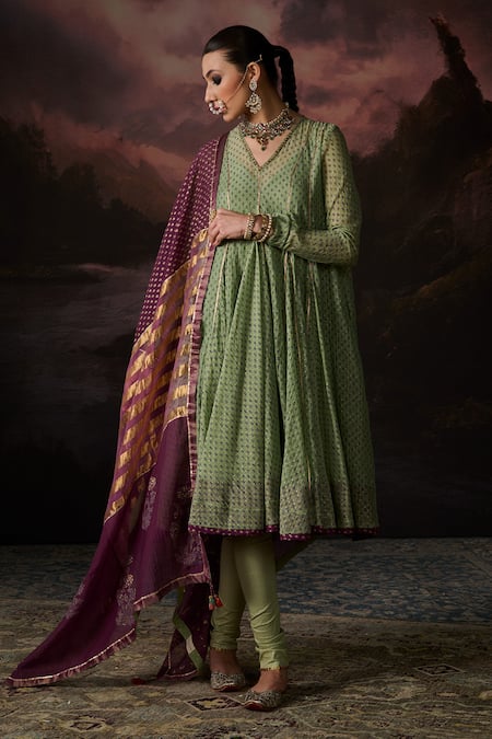 Swatti Kapoor_Green Cotton, Lycra Naaz Polka Dot Woven Churidar _at_Aza_Fashions
