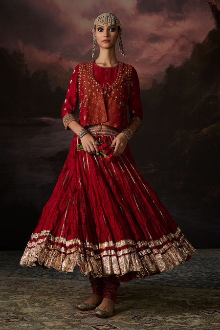 Swatti Kapoor Red Chanderi, Silk Collared Noor Embroidered Gilet 