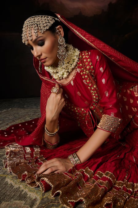 Shop_Swatti Kapoor_Red Aisha Polka Dot Woven Dupatta _at_Aza_Fashions