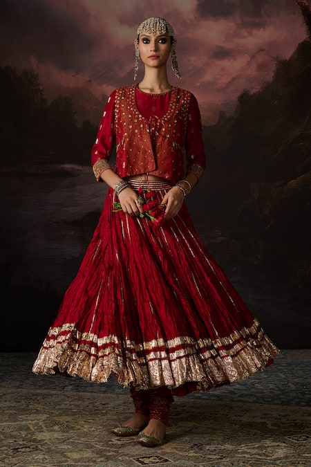 Buy_Swatti Kapoor_Red Cotton, Lycra Embroidery, Sequins Round Neck Noor Jacket Set With Dupatta 