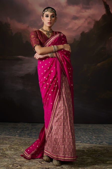 Swatti Kapoor Pink Zari, Beads V-neck Jasmine Floral Woven Saree With Blouse Online at Aza Fashions Swatti Kapoor_Pink Zari, Beads V-neck Jasmine Floral Woven Saree With Blouse _Online_at_Aza_Fashions