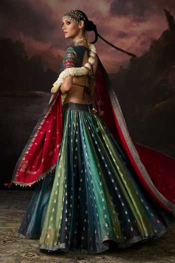 Shop Swatti Kapoor Blue Mukaish Zari, Embroidery V-neck Inaya Floral Woven Lehenga Set Online at Aza Fashions Shop_Swatti Kapoor_Blue Mukaish Zari, Embroidery V-neck Inaya Floral Woven Lehenga Set _Online_at_Aza_Fashions