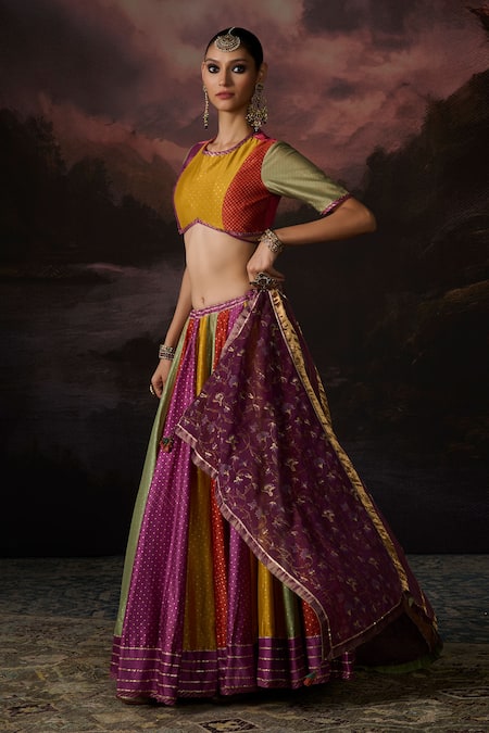 Buy Swatti Kapoor Multi Color Tassels, Embroidery Amal Colorblock Woven Lehenga Online at Aza Fashions Buy_Swatti Kapoor_Multi Color Tassels, Embroidery Amal Colorblock Woven Lehenga _Online_at_Aza_Fashions