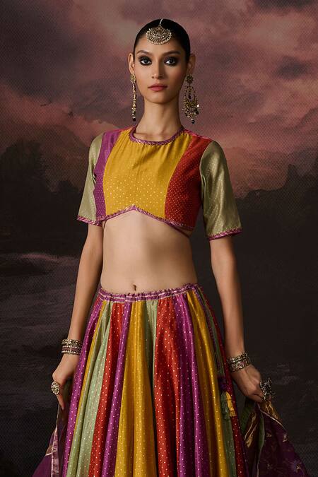 Swatti Kapoor_Multi Color Embroidery Round Neck Amal Colorblock Woven Lehenga Set _Online_at_Aza_Fashions