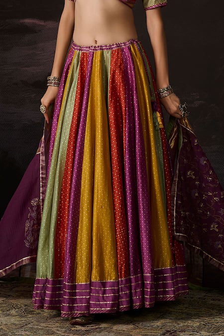 Buy_Swatti Kapoor_Multi Color Embroidery Round Neck Amal Colorblock Woven Lehenga Set _Online_at_Aza_Fashions