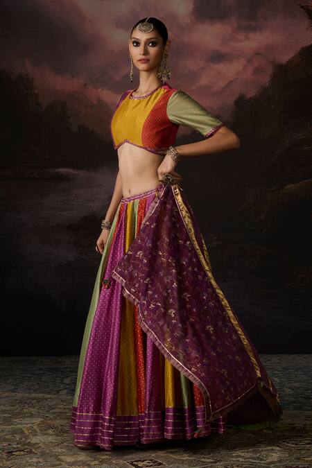 Shop_Swatti Kapoor_Multi Color Embroidery Round Neck Amal Colorblock Woven Lehenga Set _Online_at_Aza_Fashions