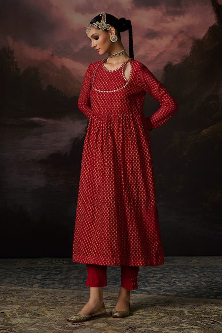Swatti Kapoor Red Cotton, Chanderi Sequins, Embroidery Round Hind Stripe Woven Anarkali Set