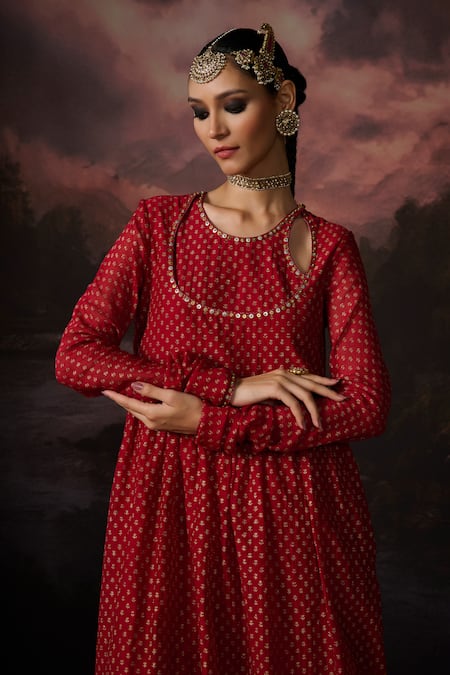 Buy_Swatti Kapoor_Red Cotton, Chanderi Sequins, Embroidery Round Hind Stripe Woven Anarkali Set _Online_at_Aza_Fashions