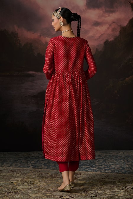 Shop_Swatti Kapoor_Red Cotton, Chanderi Sequins, Embroidery Round Hind Stripe Woven Anarkali Set _at_Aza_Fashions