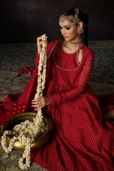 Shop_Swatti Kapoor_Red Cotton, Chanderi Sequins, Embroidery Round Hind Stripe Woven Anarkali Set _Online_at_Aza_Fashions