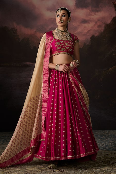 Swatti Kapoor Pink Embroidery, Zari Round Neck Handwoven Lehenga Set