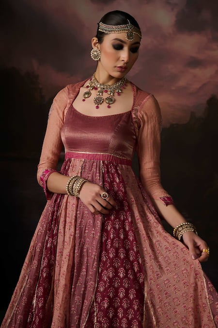Swatti Kapoor_Pink Embroidery Round Neck Saima Floral Print Anarkali _Online_at_Aza_Fashions