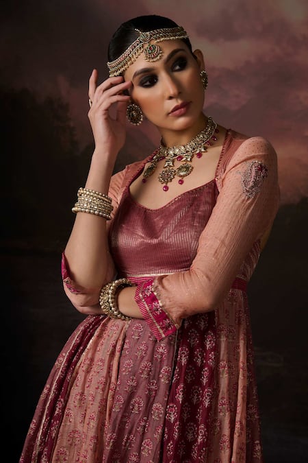 Buy_Swatti Kapoor_Pink Embroidery Round Neck Saima Floral Print Anarkali _Online_at_Aza_Fashions