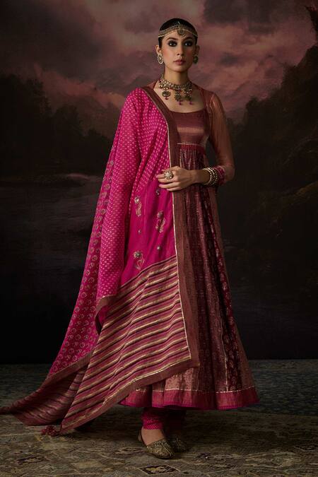 Shop_Swatti Kapoor_Pink Embroidery Round Neck Saima Floral Print Anarkali _Online_at_Aza_Fashions