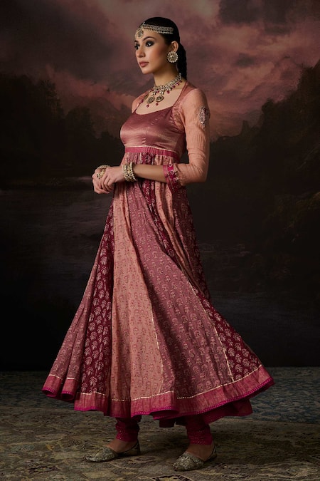 Swatti Kapoor_Pink Embroidery Round Neck Saima Floral Print Anarkali _at_Aza_Fashions