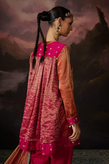 Buy_Swatti Kapoor_Orange Zari Round Neck Rehana Stripe Woven Tunic _Online_at_Aza_Fashions