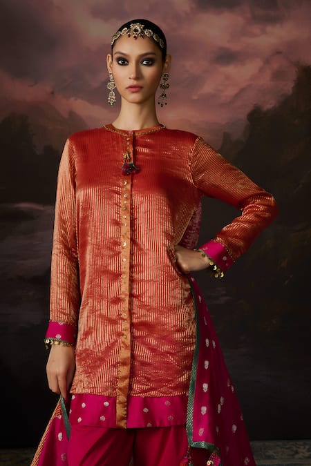 Buy Swatti Kapoor Orange Chanderi, Brocade, Cotton Studs, Sequins Rehana Woven Kurta With Salwar Online at Aza Fashions Buy_Swatti Kapoor_Orange Chanderi, Brocade, Cotton Studs, Sequins Rehana Woven Kurta With Salwar _Online_at_Aza_Fashions