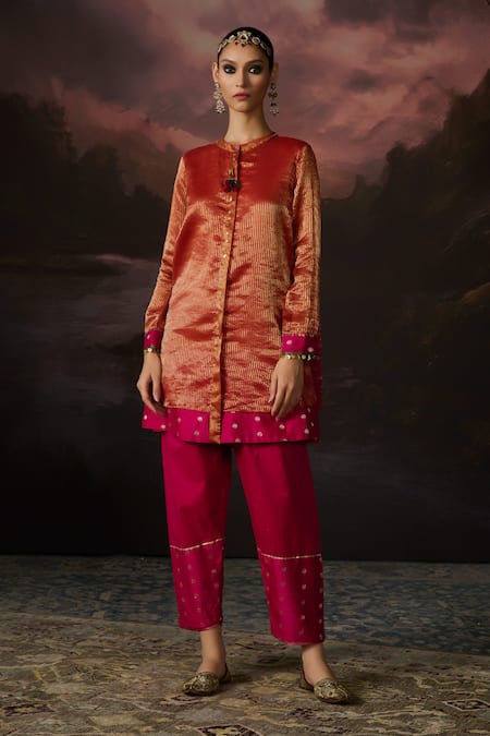Swatti Kapoor Orange Chanderi, Brocade, Cotton Studs, Sequins Rehana Woven Kurta With Salwar at Aza Fashions Swatti Kapoor_Orange Chanderi, Brocade, Cotton Studs, Sequins Rehana Woven Kurta With Salwar _at_Aza_Fashions