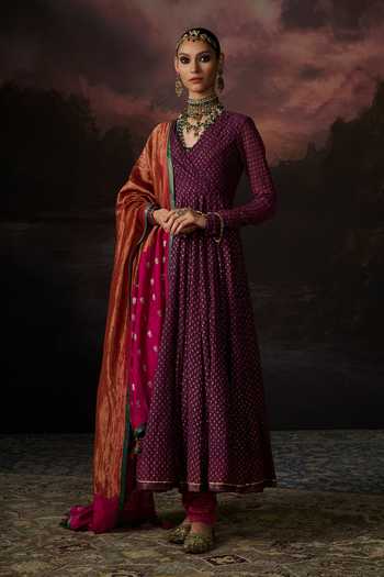 Buy_Swatti Kapoor_Purple Sequins V-neck Fiza Floral Woven Anarkali _Online_at_Aza_Fashions