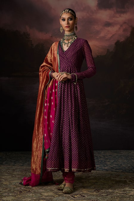 Swatti Kapoor Green Beads, Sequins, Embroidery V-neck Ambeer Floral Woven Jacket Anarkali Set 