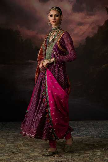 Buy_Swatti Kapoor_Purple Beads, Pom-poms V-neck Fiza Floral Woven Anarkali Set _Online_at_Aza_Fashions
