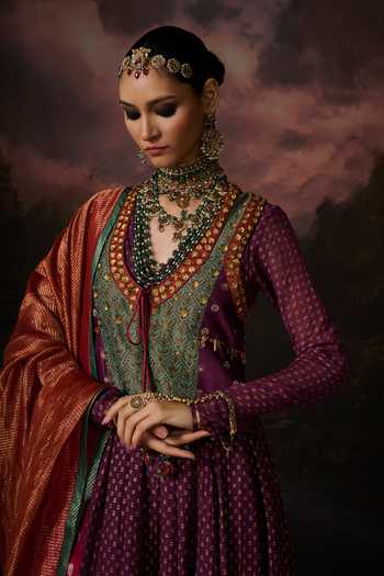Shop_Swatti Kapoor_Purple Beads, Pom-poms V-neck Fiza Floral Woven Anarkali Set _Online_at_Aza_Fashions