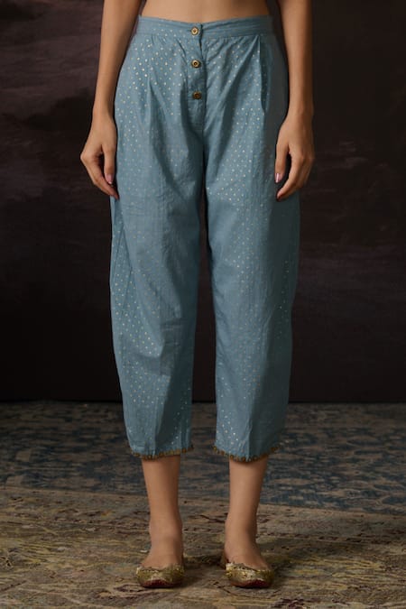 Swatti Kapoor_Blue Cotton Aliya Polka Dot Print Pant _Online_at_Aza_Fashions