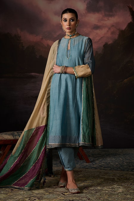 Swatti Kapoor Blue Cotton Zari Round Neck Tara Woven Kurta Set