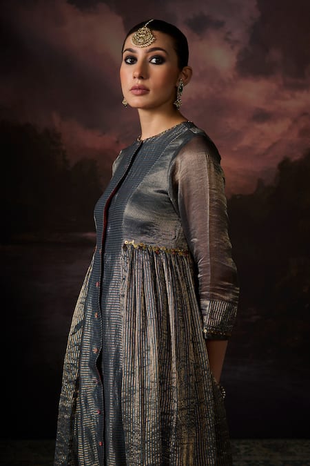 Swatti Kapoor Blue Zari Round Neck Hina Stripe Woven Kurta Online at Aza Fashions Swatti Kapoor_Blue Zari Round Neck Hina Stripe Woven Kurta _Online_at_Aza_Fashions