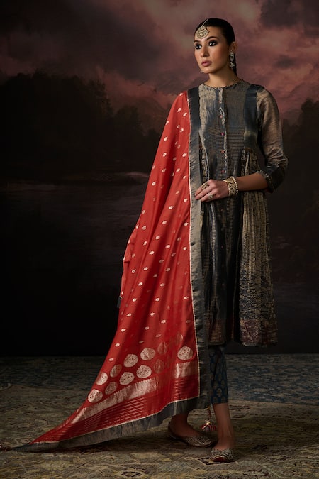 Shop_Swatti Kapoor_Blue Zari, Embroidery Round Neck Hina Stripe Woven Kurta Set _at_Aza_Fashions