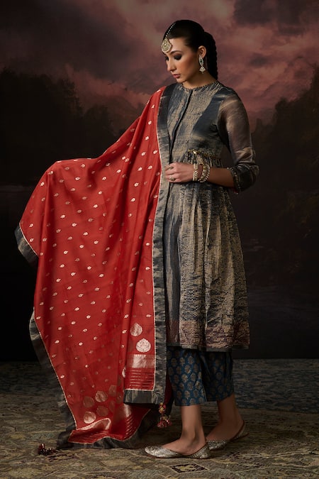 Buy_Swatti Kapoor_Blue Zari, Embroidery Round Neck Hina Stripe Woven Kurta Set _Online_at_Aza_Fashions